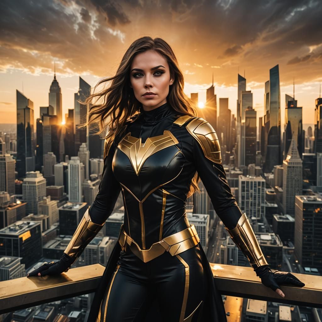Superheroine Watching Sunset Over Futuristic City