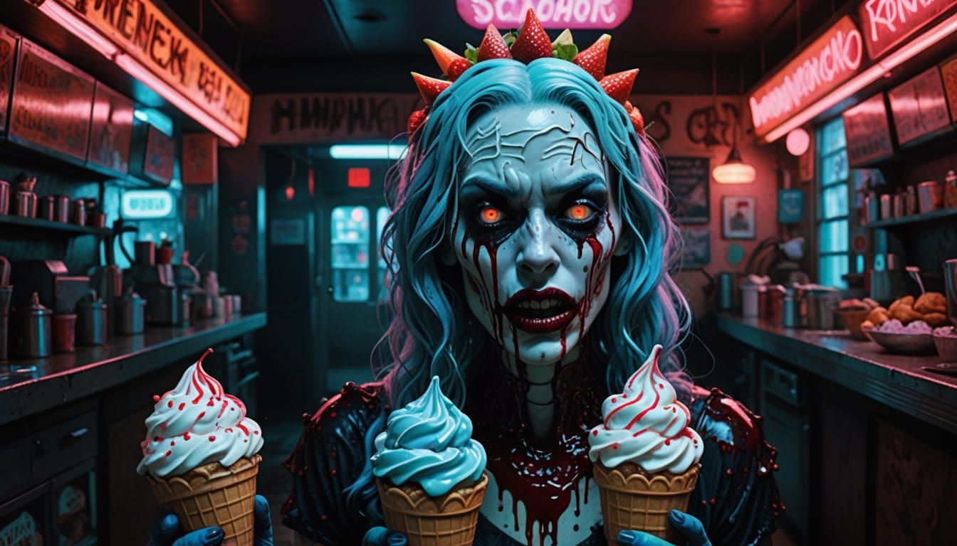 Zombie creature standing in a dimly lit, haunted ice cream parlor. Her skin is marbled with swirls of strawberry, vanill...