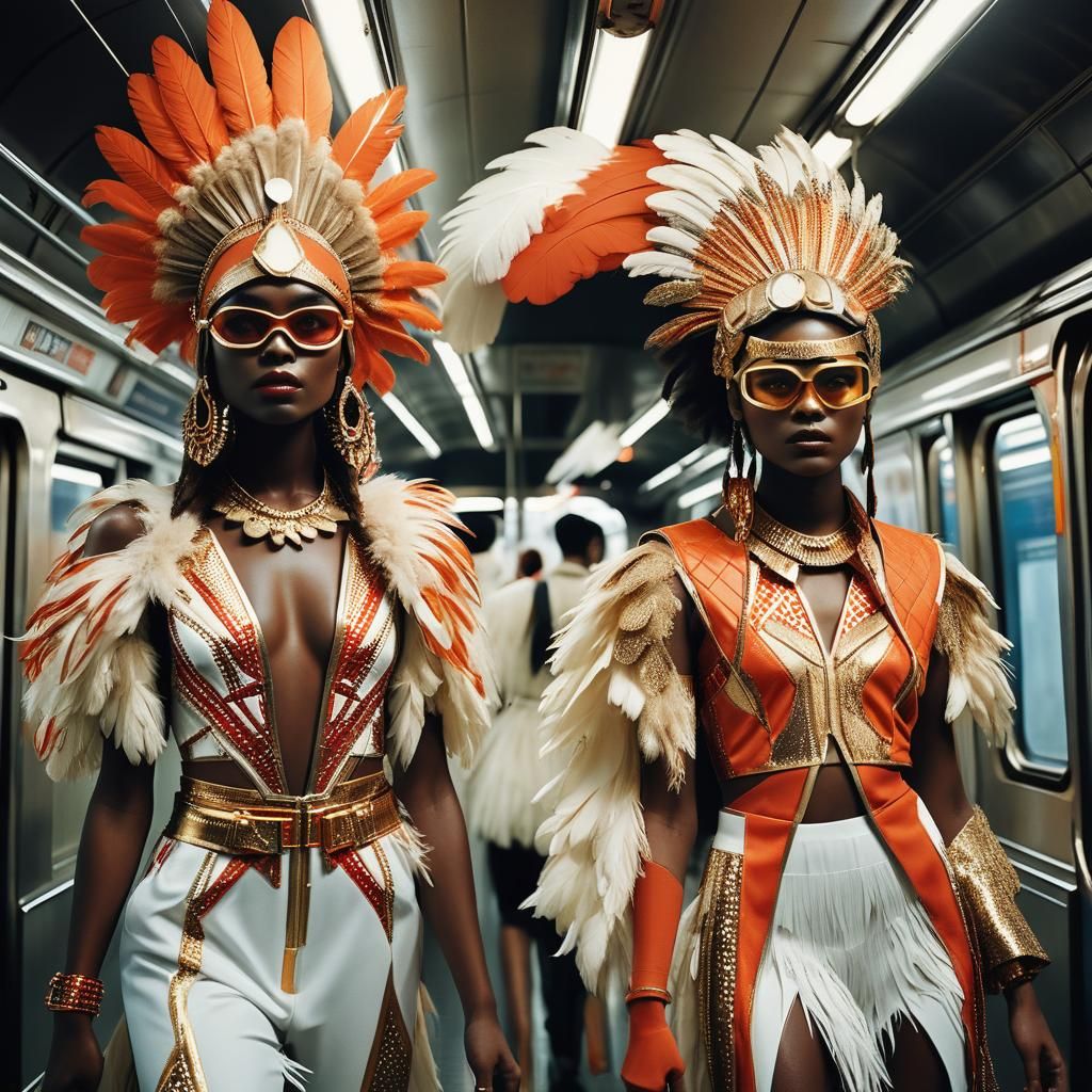 Fashion Models in Subway Train: Cinematic Film Still