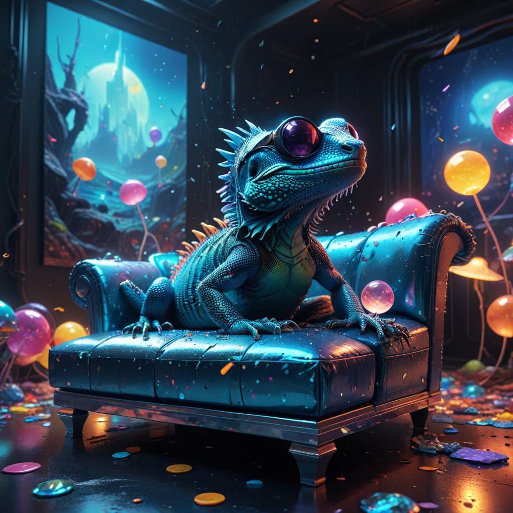 Electric Blue Lizard Sits on Swirling Candyland Nightclub Co...