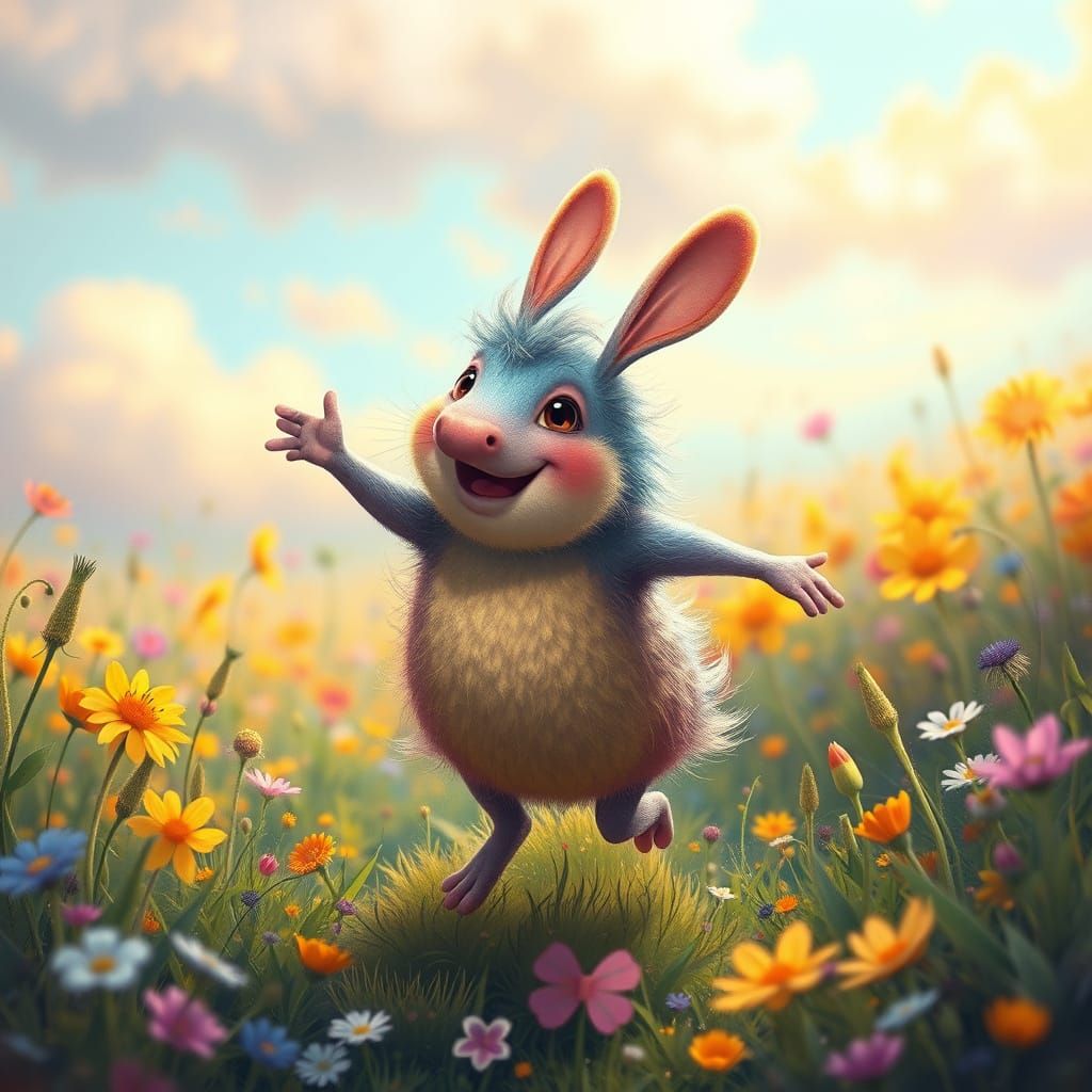 Mystical Creature Dancing in a Colorful Meadow