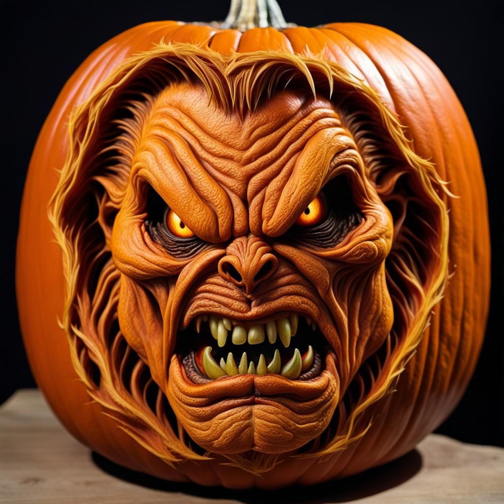 Realistic Scary Monster Face Carved in Pumpkin