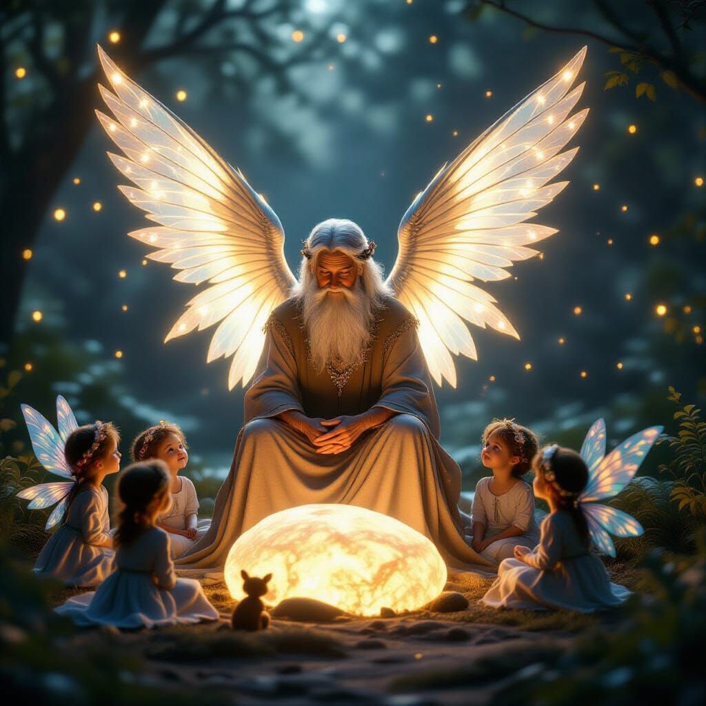 Elderly Mentor Welcomed by Children and Magical Creatures