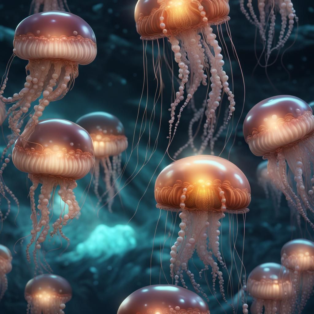 Luminous Pearl Jellyfish in Deep Sea: Fantasy Art