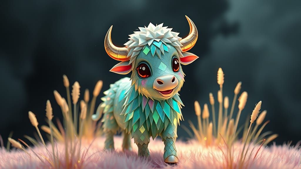 Chibi Musk Ox in Pastel Plaid Surreal Landscape