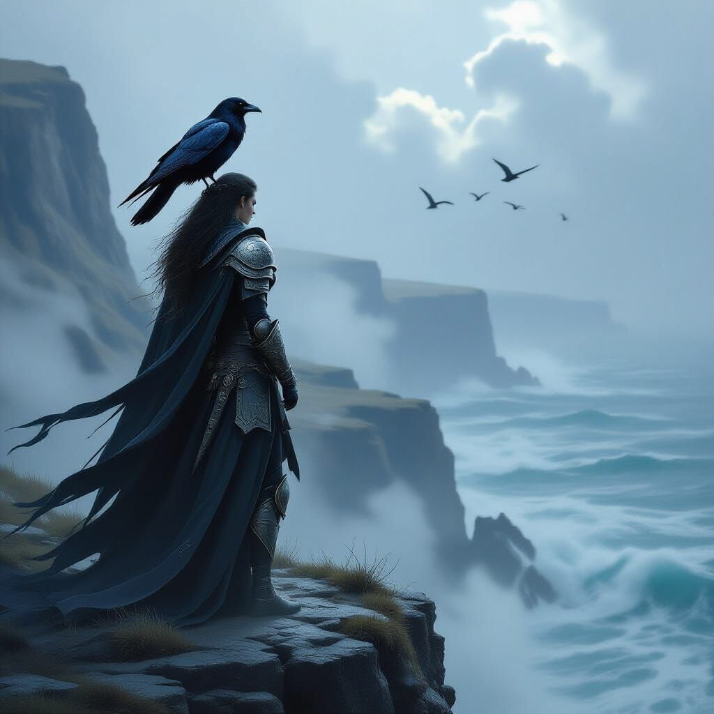 Shieldmaiden on Cliff Overlooking Stormy Sea, Spectral Raven