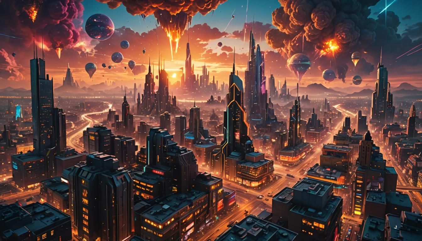 Cityscape at Dawn: Vibrant Oil Painting with Holographic Det...