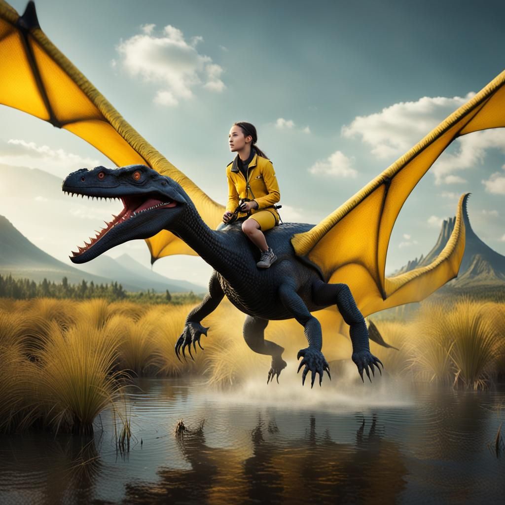 Girl Rides Pterodactyl Over Prehistoric Swamp