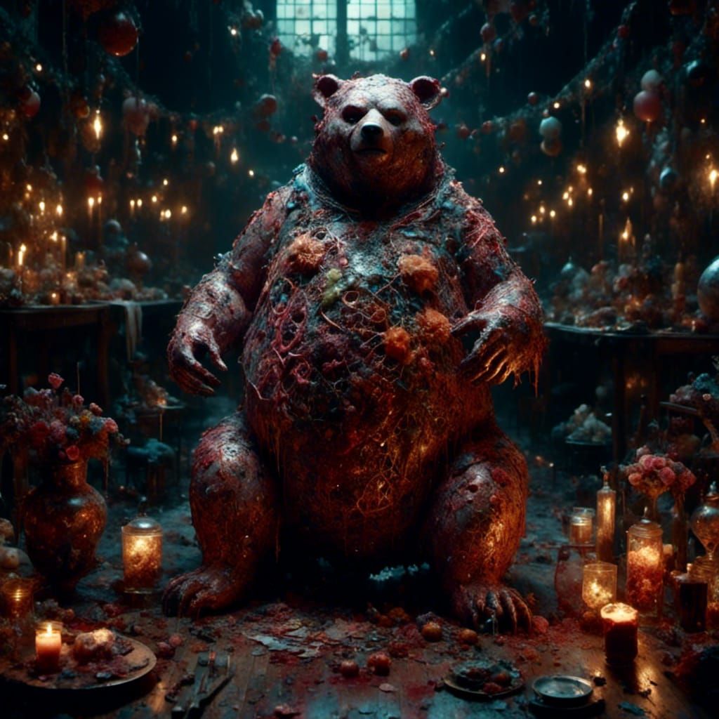 Creepy Porcelain Bear Zombie Portrait in Macabre Style