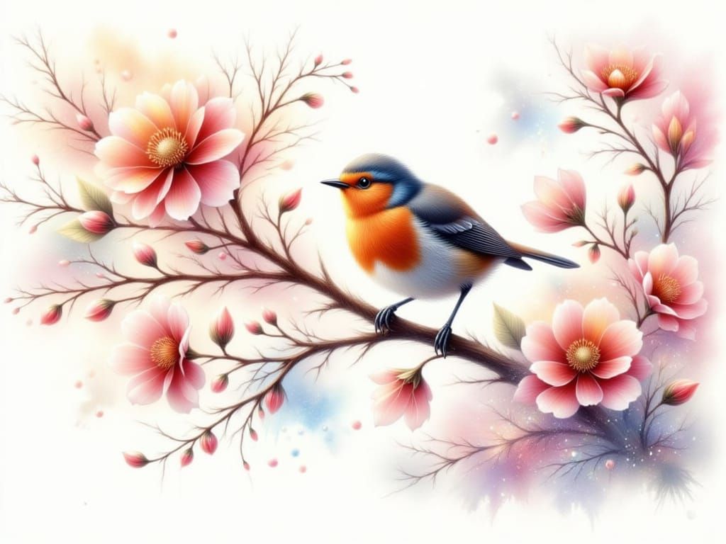 Whimsical Watercolor Robin in Springtime Bloom