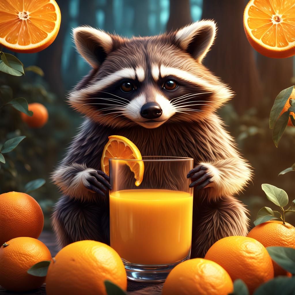 Orange Juice Raccoon: Detailed Fantasy Art