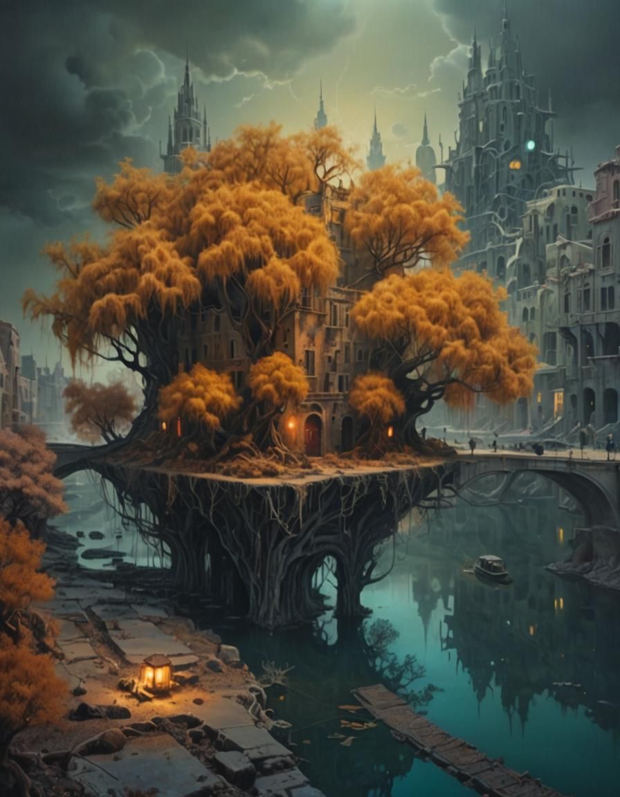 Surreal Fantasy Cityscape with Circuitry Canals