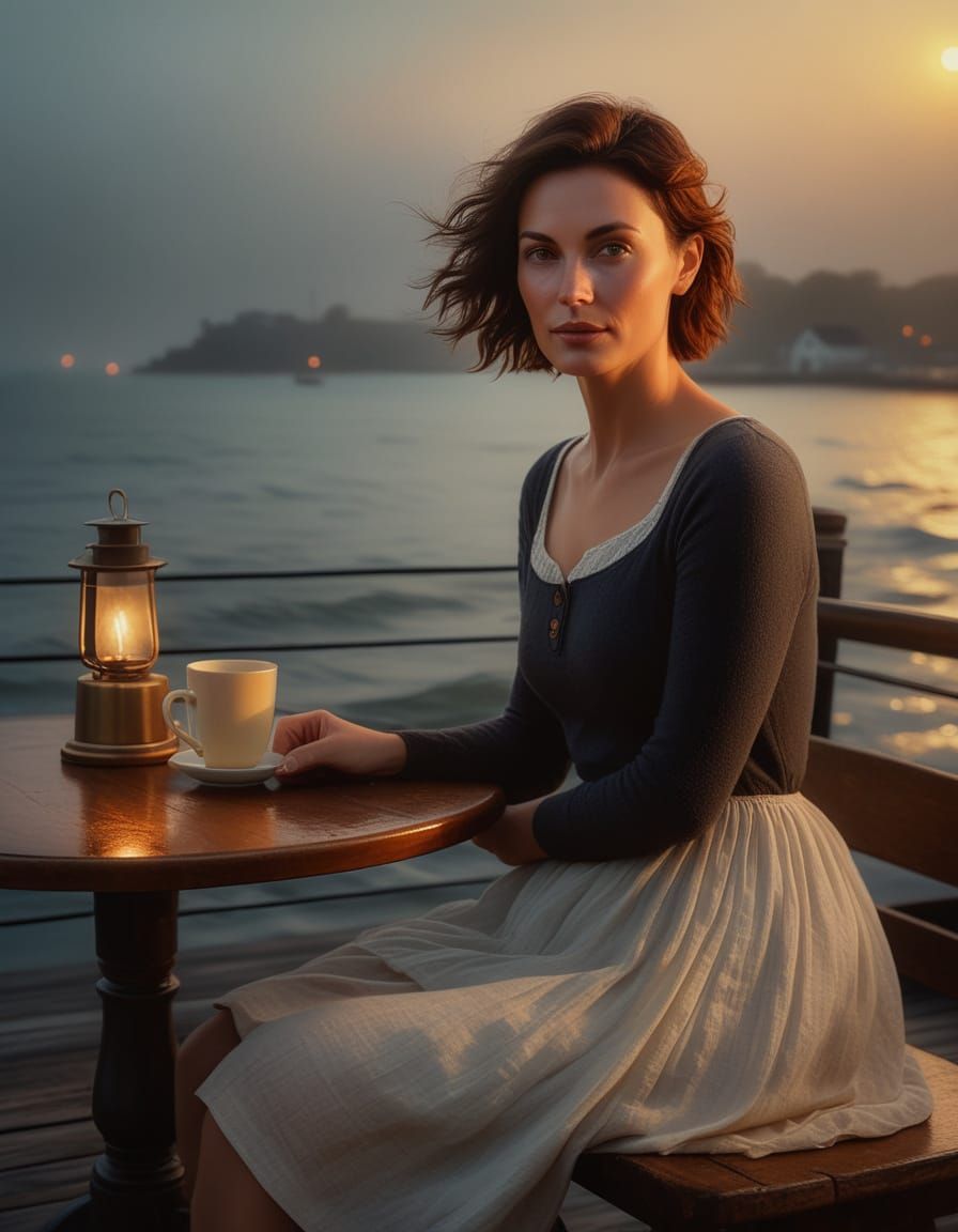 Warm Cafe Portrait with Soft Chiaroscuro Lighting