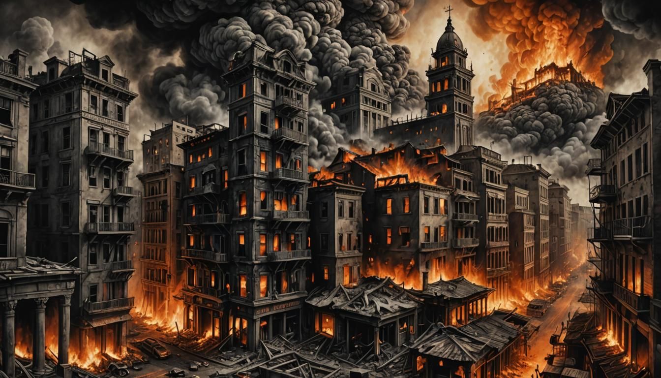 City Engulfed in Flames: Hyperdetailed Charcoal Drawing