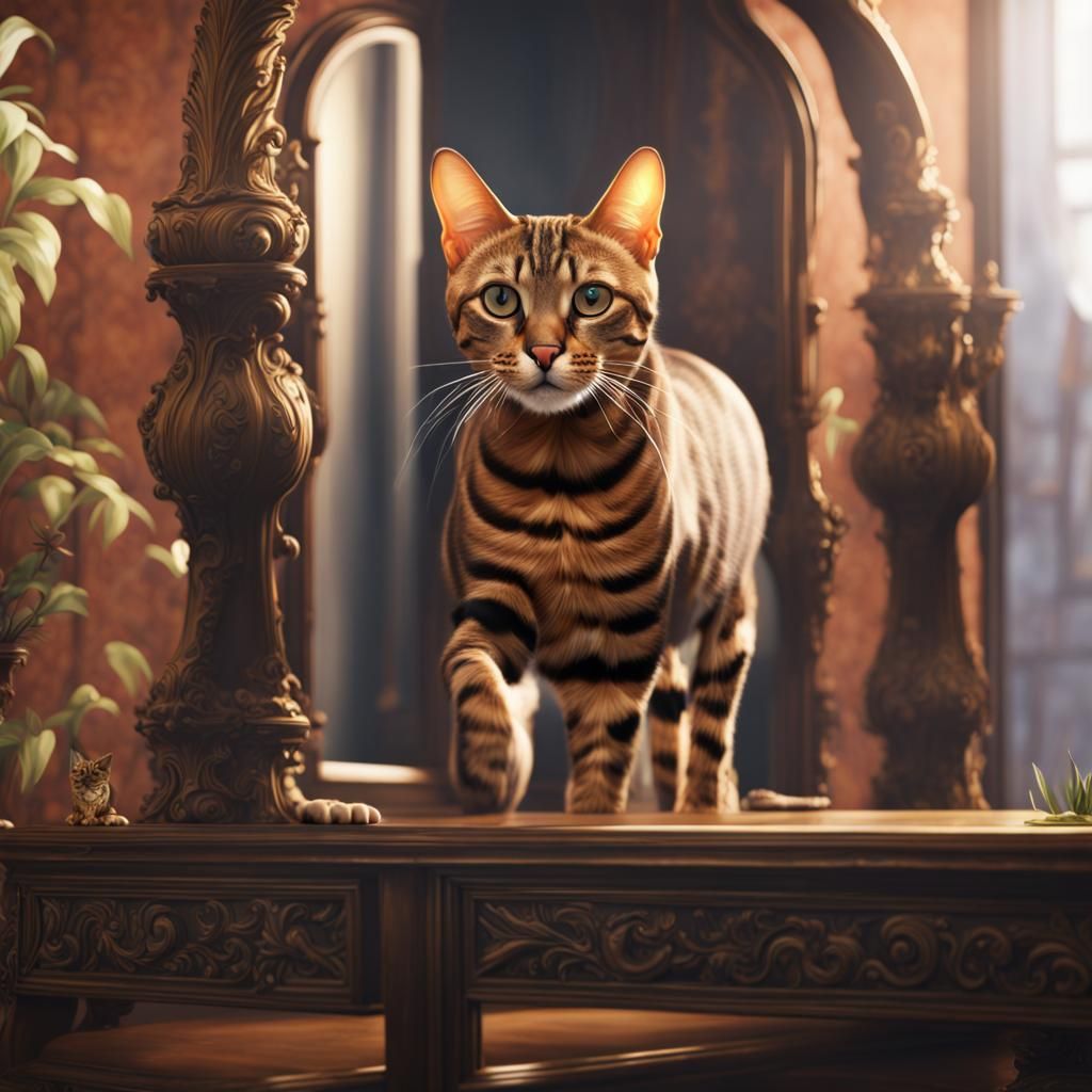 Bengal Cat Reflects: Detailed Matte Painting