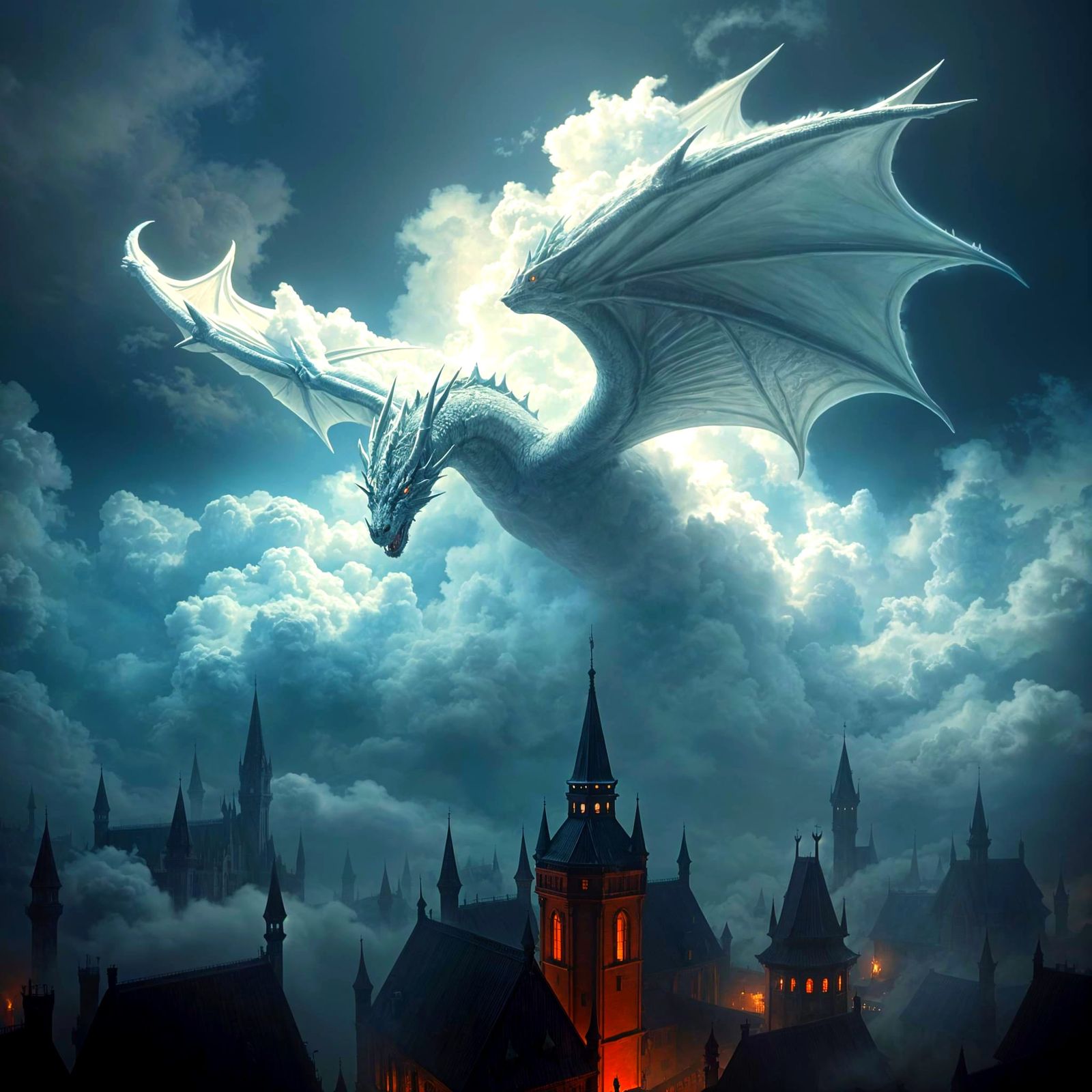 Dragon Made of Clouds Over Medieval City