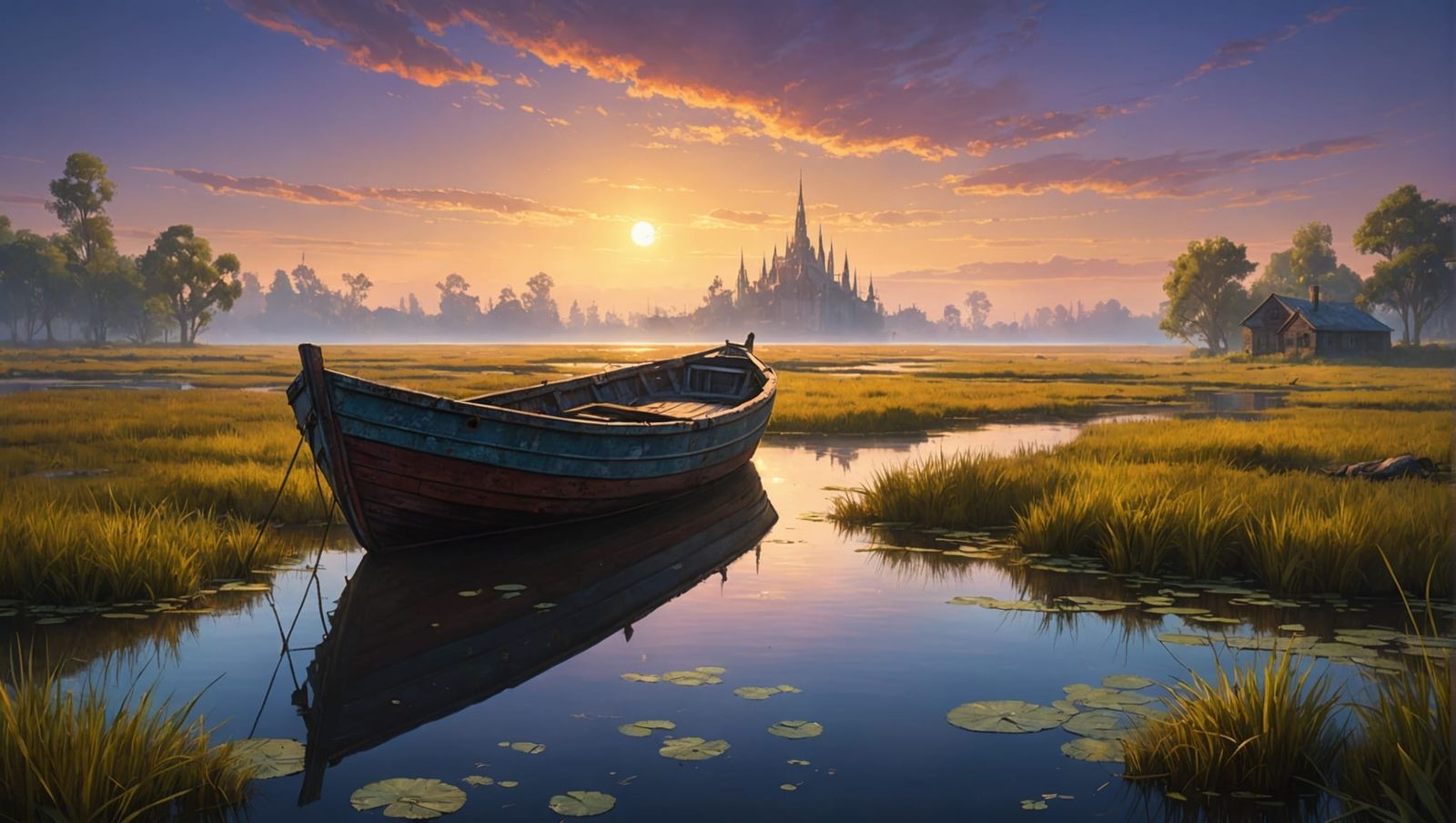 Enchanted Marsh: Abandoned Boat in Fantasy Cityscape