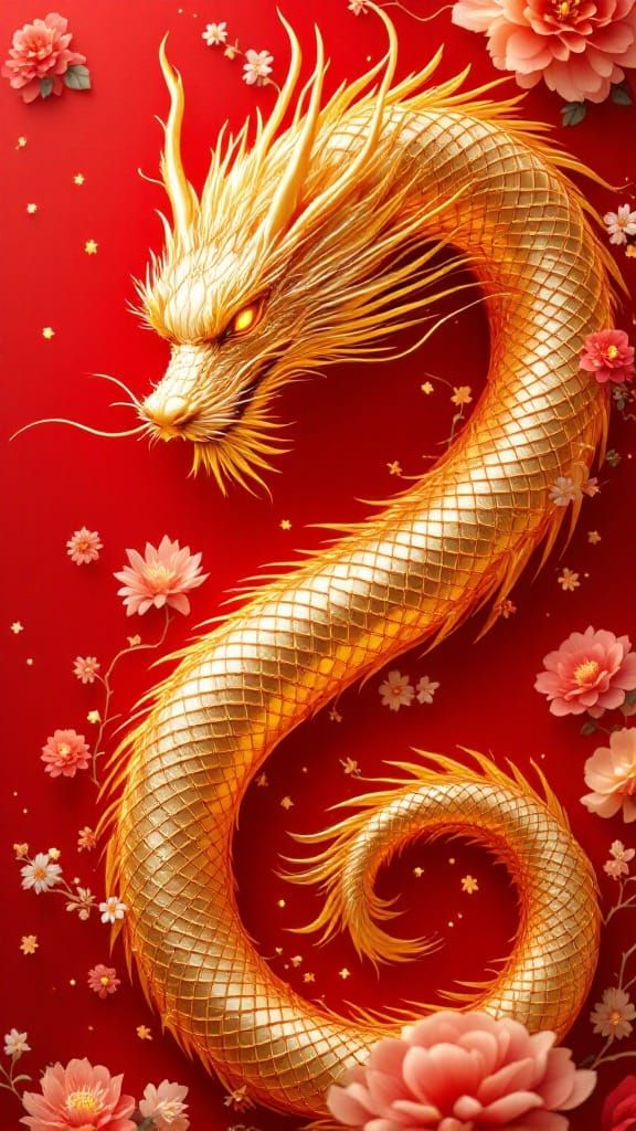 Ethereal Chinese Dragon in Golden Splendor on Crimson Backgr...