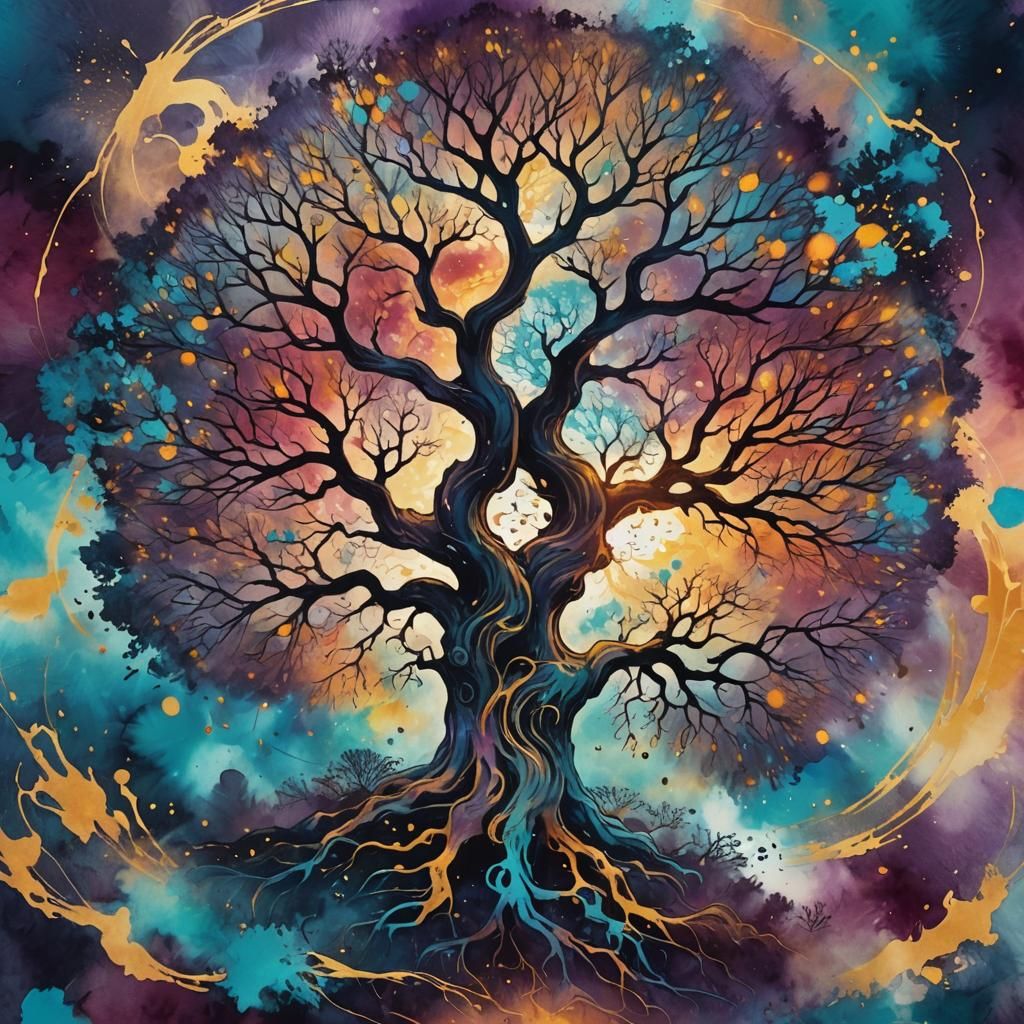 Mystical Tree of Life in Ink Splatter Art