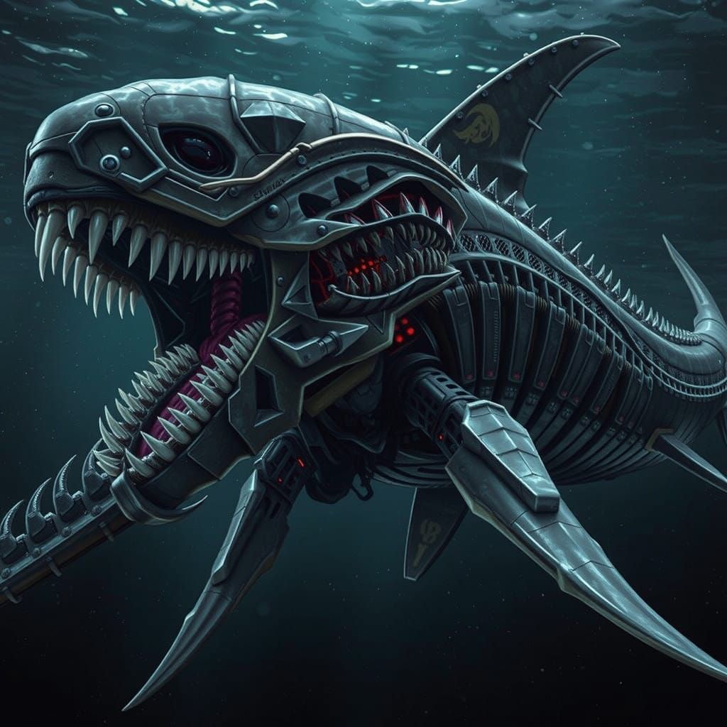 Bio-Mechanical Shark-Xenomorph Emerge in Dark Ocean Abyss