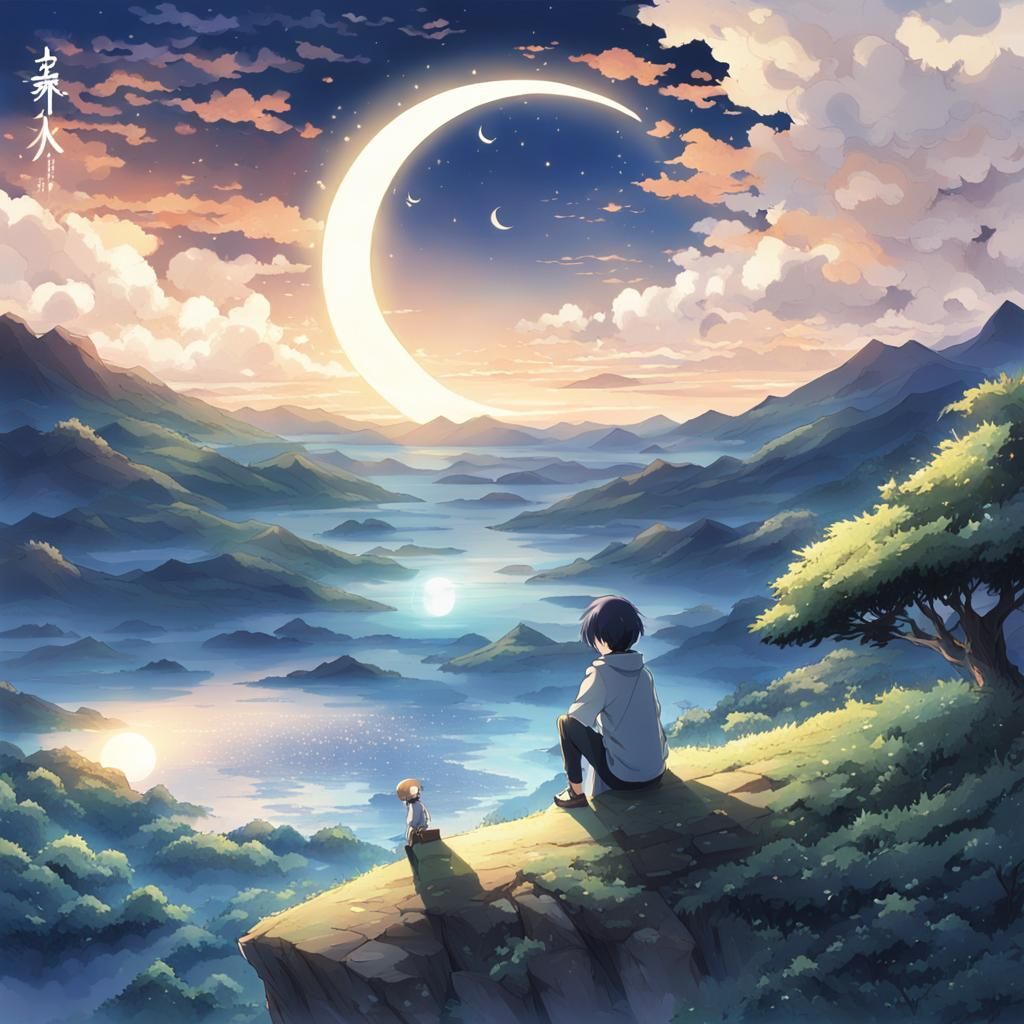 Anime Scenery: Crescent Moon Gaze