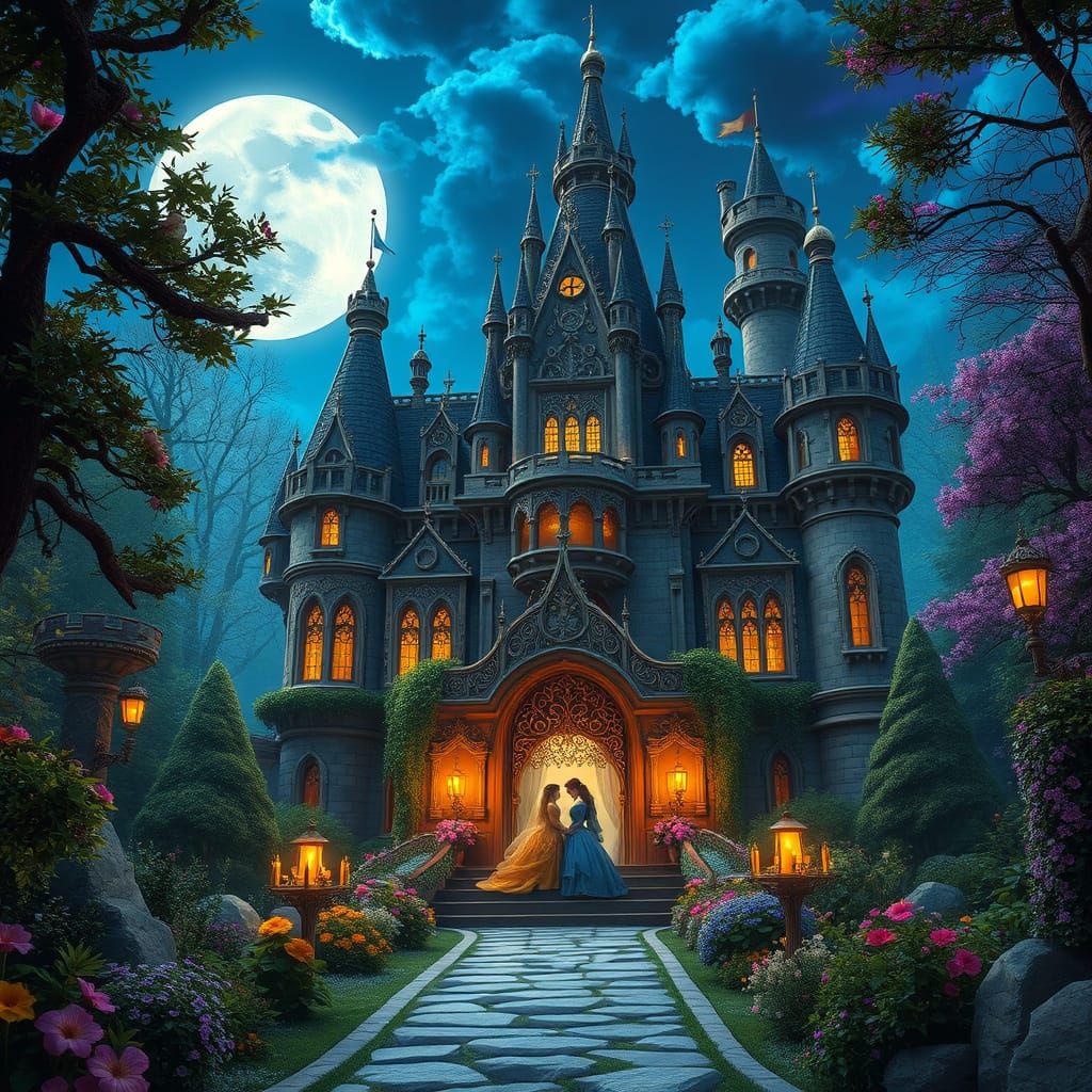 Ethereal Castle Under a Whimsical Moonlit Sky