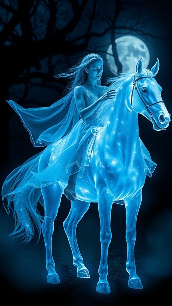 Ethereal Woman on Crystalline Horse in Mystic Forest