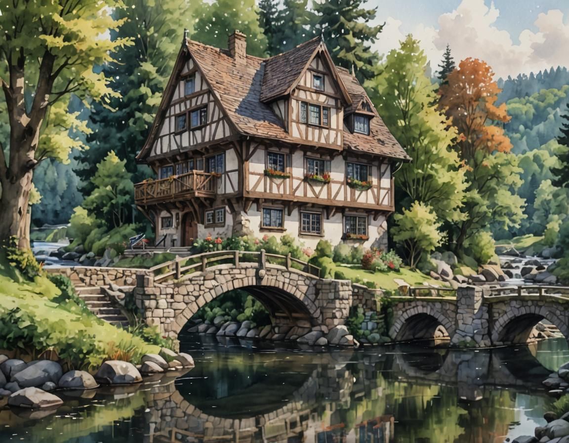 Watercolor House on River with Stone Bridge