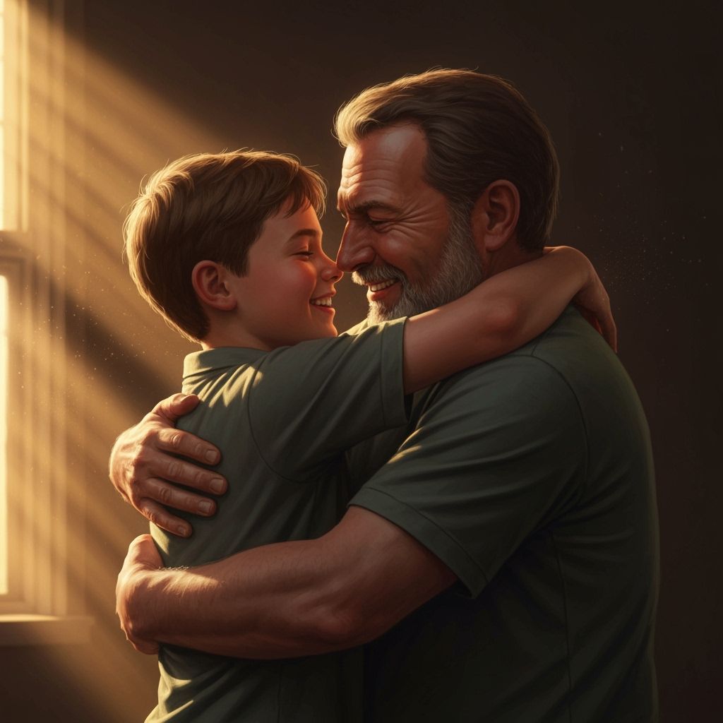 Father and Son Embrace in Warm Golden Hour Light