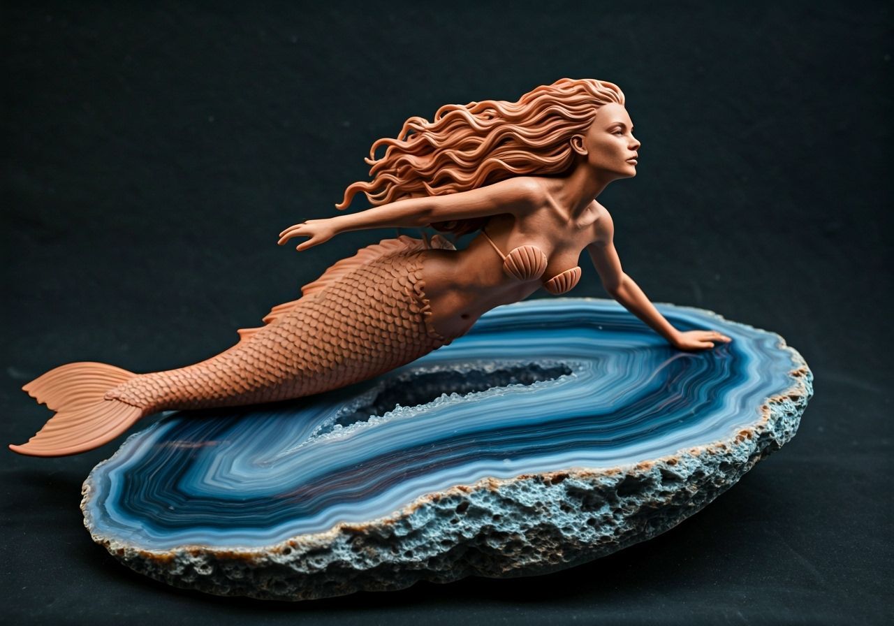 Terracotta Mermaid Sculpture on Crystalline Geode