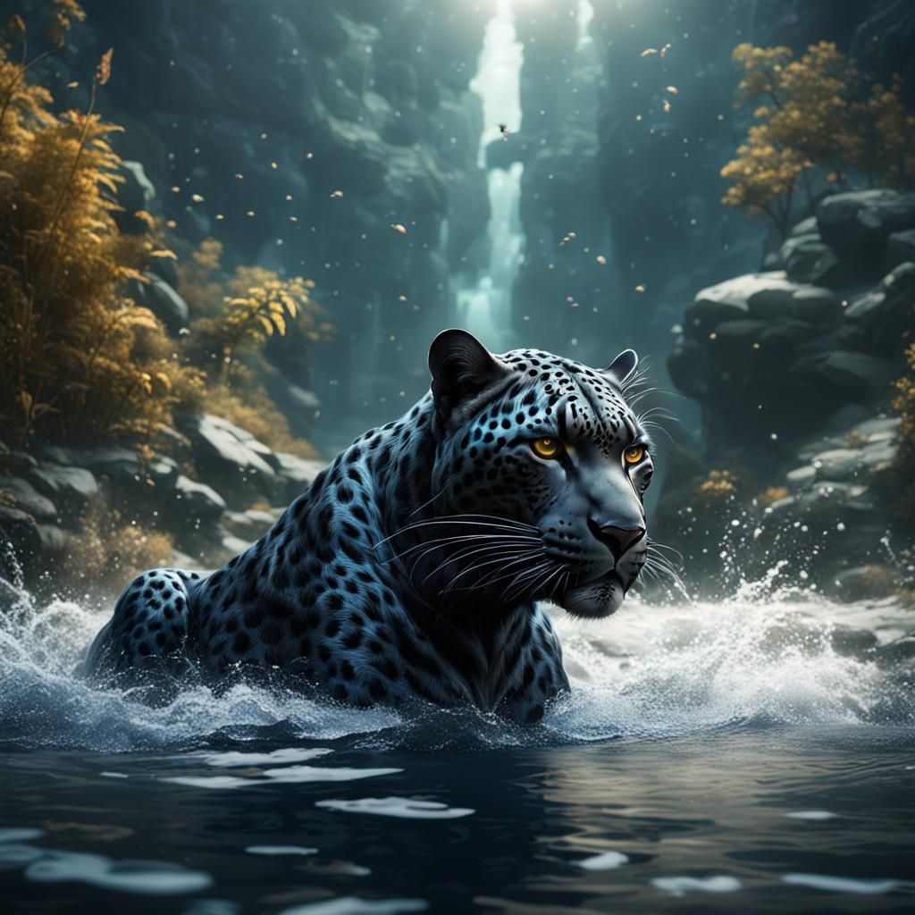 Black Leopard Swimming: Detailed Matte Painting