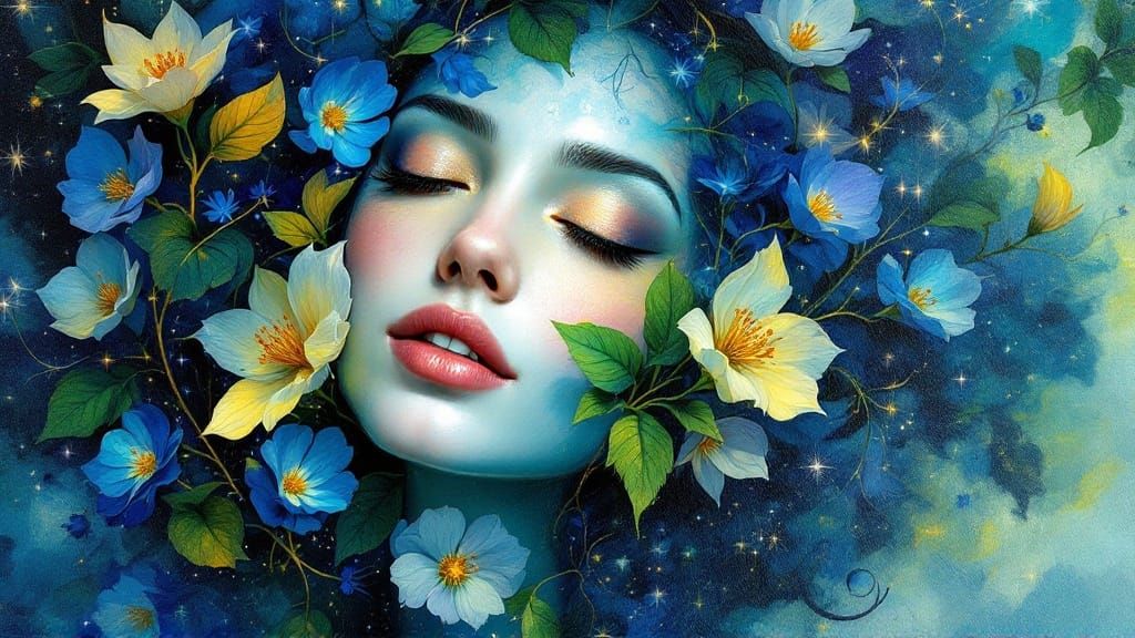 Woman Blends with Blossoming Flora in Vibrant, Ethereal Land...