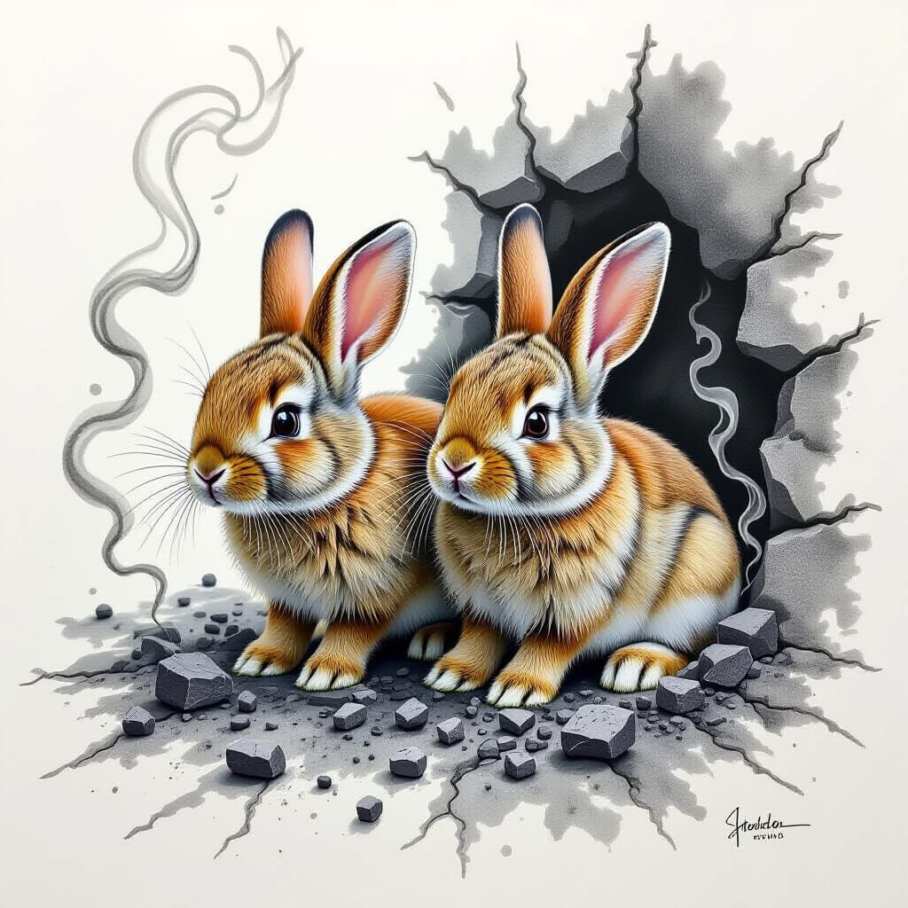 Tiny Rabbits Emerge From Charcoal Sketch in Macro Photo