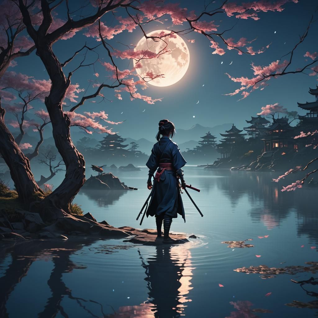 Kunoichi Gazing at Moonlight: A Digital Matte Painting