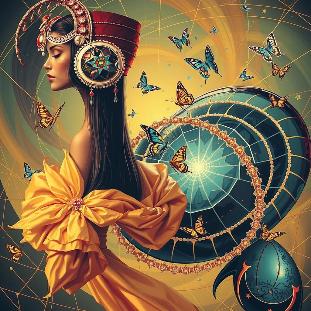Regal Woman in Psychedelic Vortex with Art Deco Jewels