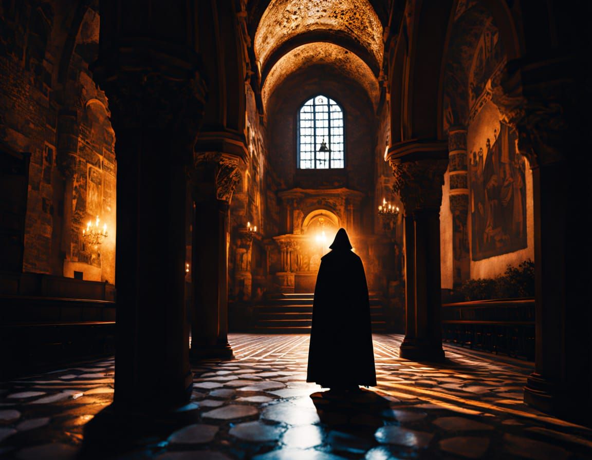 Cloaked Figure in Byzantine Cathedral, Chiaroscuro Style