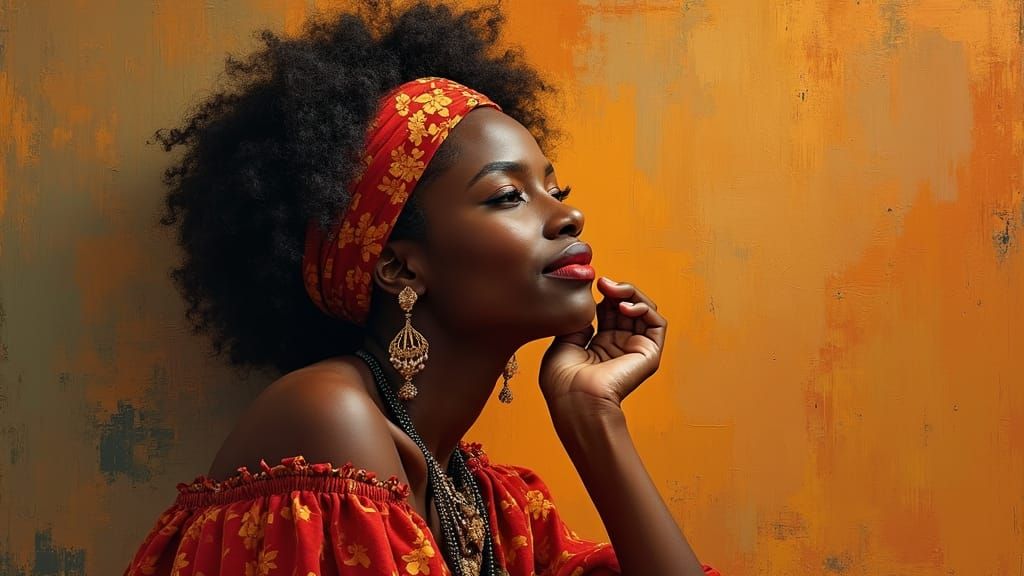 Contemplative Woman in African Dress, Expressive Art