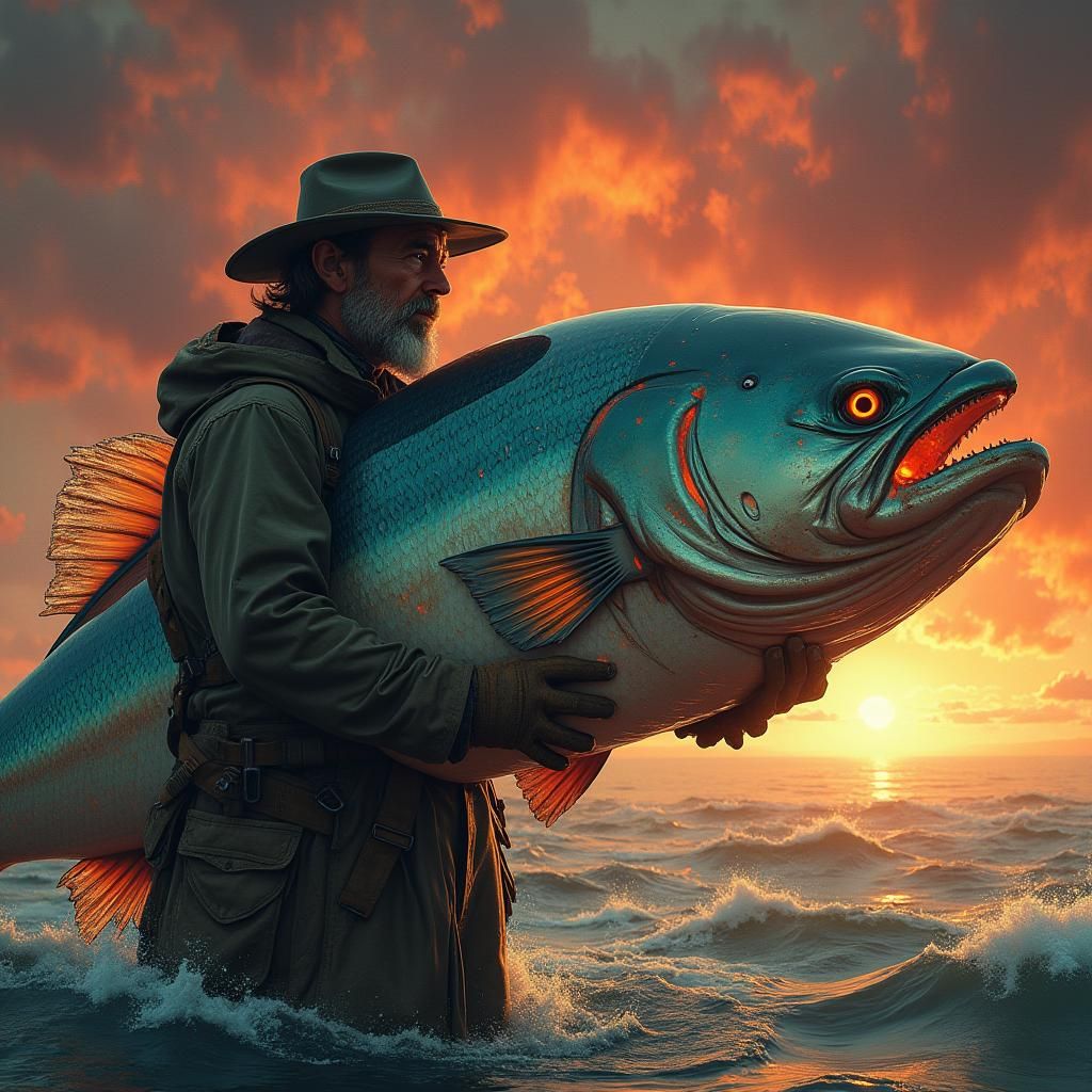 Fisherman's Catch: Iridescent Fish in Fiery Sky