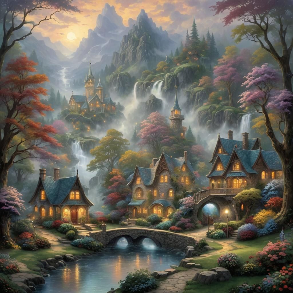 Ethereal Fantasy Village in Hyperdetailed Mist