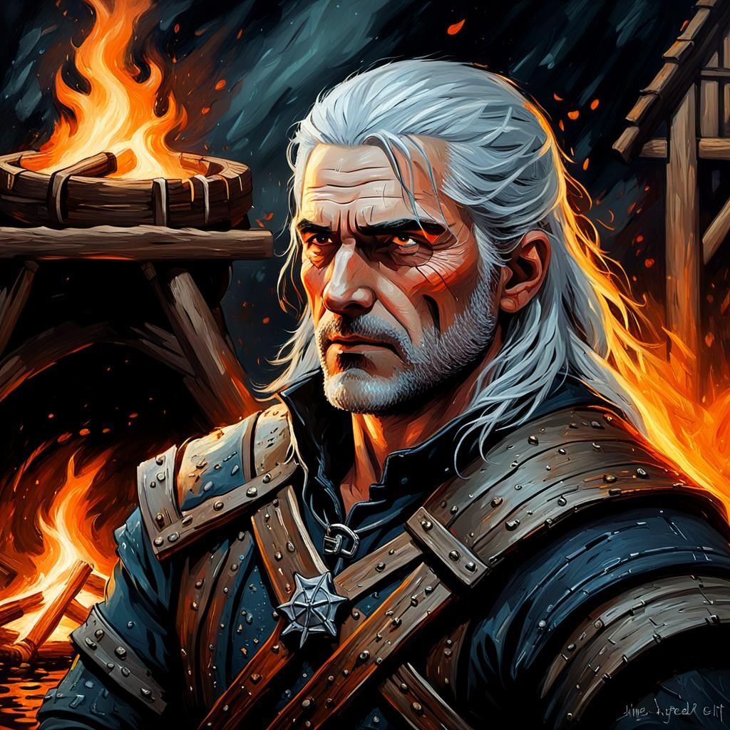 Witcher Geralt Portrait by Campfire, Dark Fantasy Oil Painti...