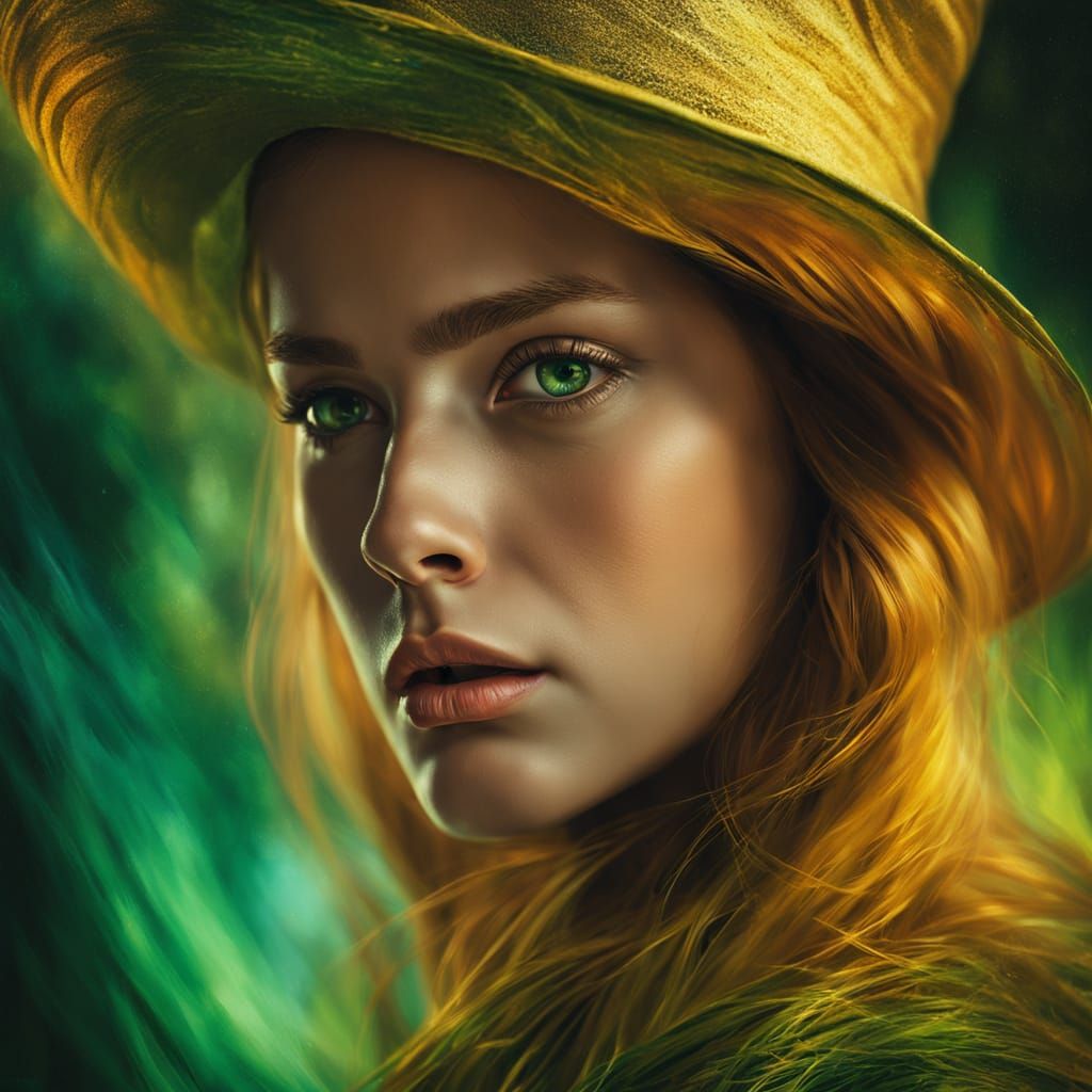 Surreal Oil Portrait with Vivid Green Eyes and Dramatic Ligh...