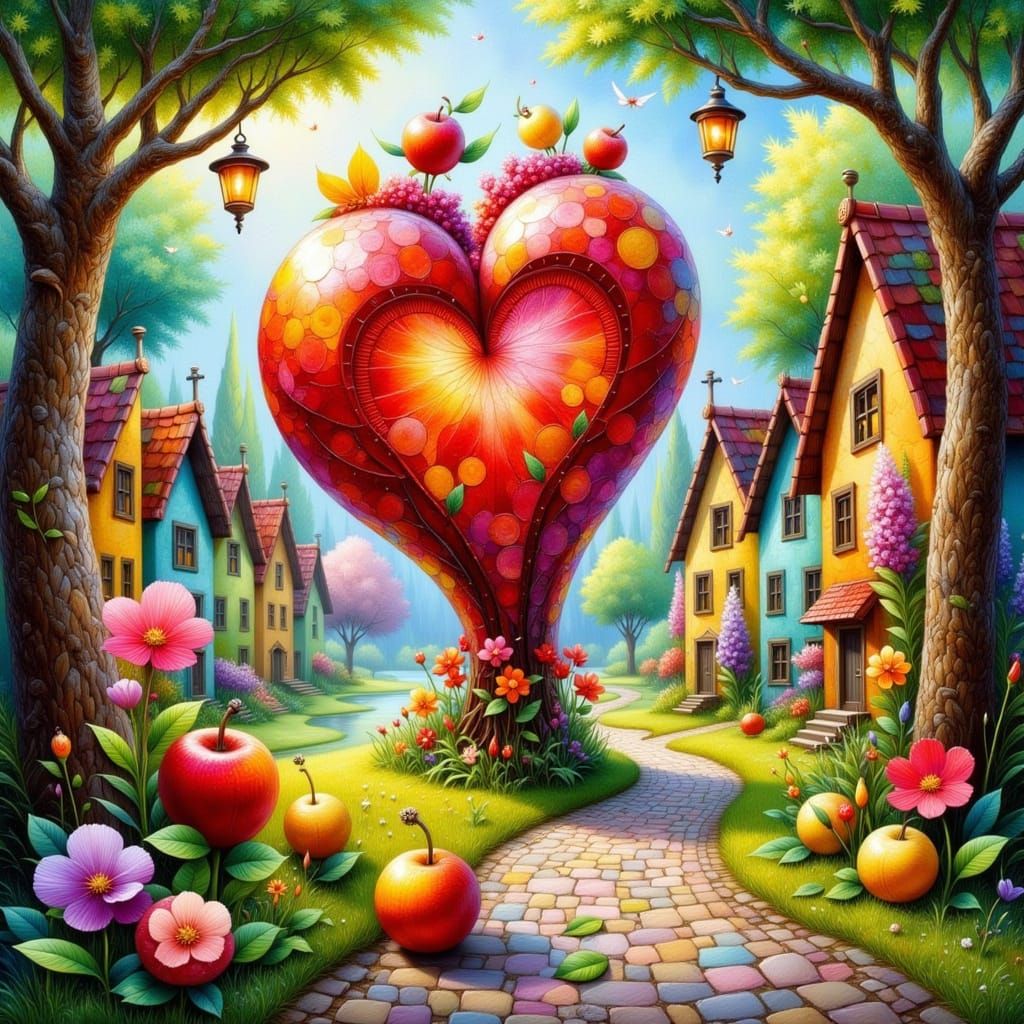 Heart statue among the houses