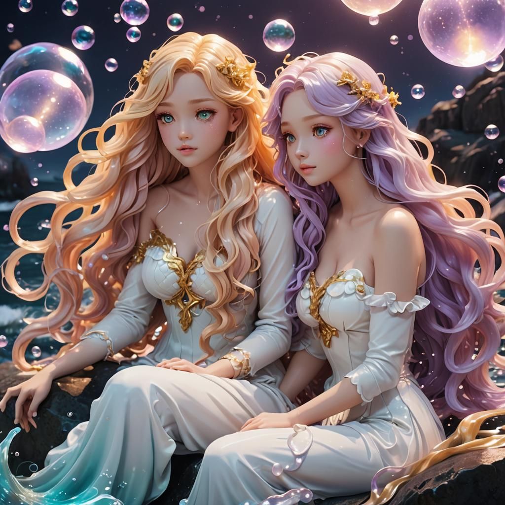 Two Mermaids in Neon-Lit Anime Style