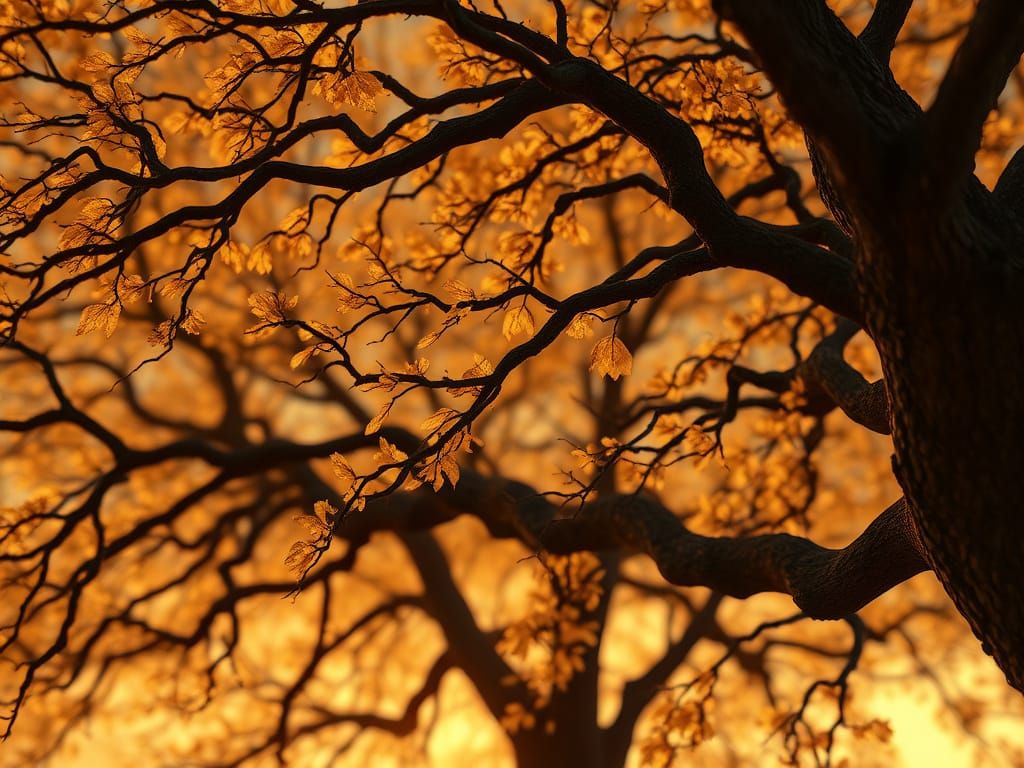 Golden Leaves Drift Gently from Ancient Trees in a Warm, Bur...