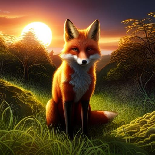 Fox in Sunset Field: Detailed Matte Painting