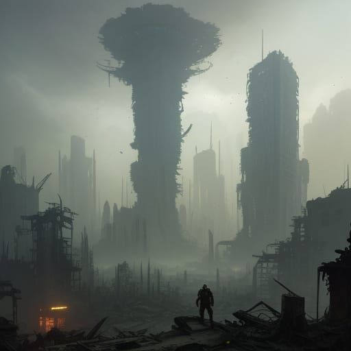 Post-Apocalyptic Warrior in Futuristic City Ruins