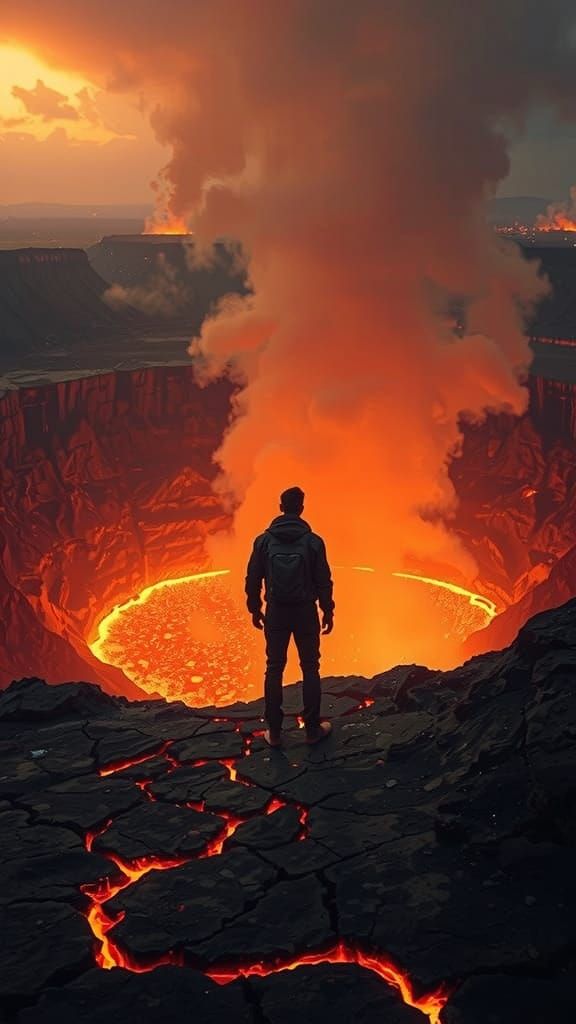 Volcanic Crater: Hyperrealistic Cinematic Image of a Lone Ma...