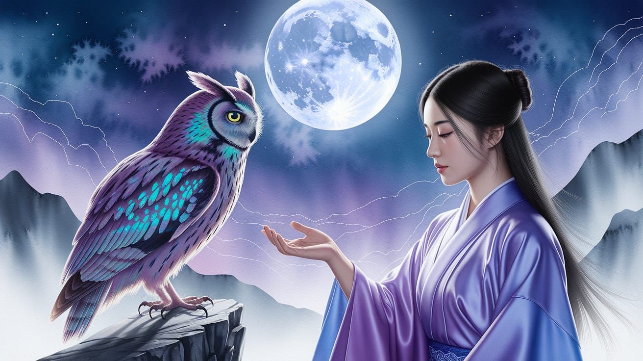 Iridescent Owl Bonds With Woman Under Full Moon