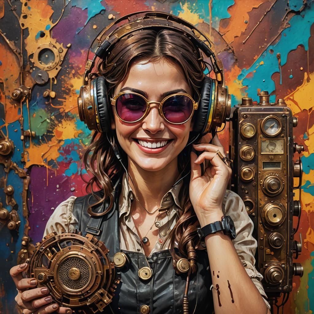 Steampunk Woman with Radio and Colorful Explosion