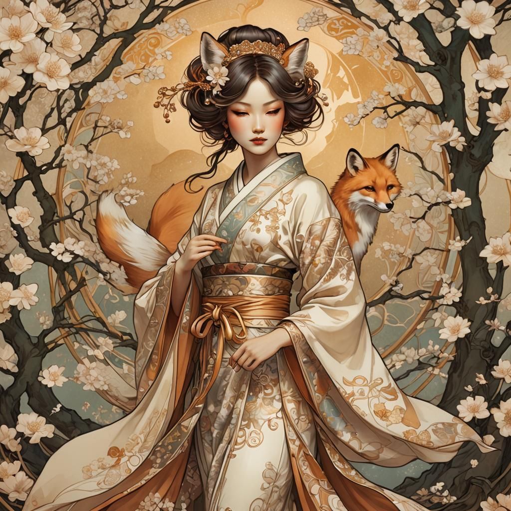 Art Nouveau Kitsune Lady Portrait